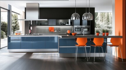 Modern grey and blue modular kitchen cabinet with steel details, dark wood floor, bar table and orange chairs in dining area. Concept of kitchen space interior design. Corner view. 3d rendering