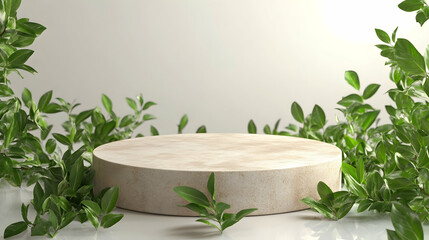 3D rendering of a podium with earthy ceramic texture for natural skincare branding