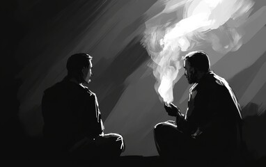 A noir illustration of a conversation between two figures in a smoky room.