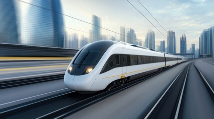 Fototapeta premium High-Speed Train Racing Through Urban Landscape with Modern Architecture in Motion