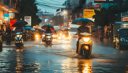 A busy city in Southeast Asia, with motorbikes trying to navigate flooded streets during heavy rain