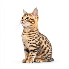 A majestic Savannah cat with a beautiful coat, showcasing its unique spotted patterns and playful demeanor. Perfect for pet lovers.