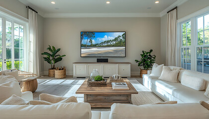 Elegant living room with a large TV screen, surrounded by stylish furnishings and decor AI Generated