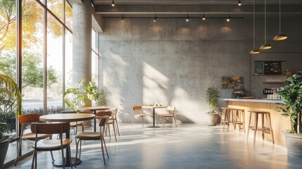 Sunny cafe interior, city view, concrete wall, wooden furniture, morning light