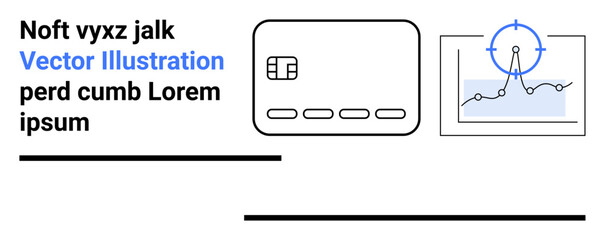 Credit card with chip beside analytics graph with target symbol, abstract text, black lines. Ideal for finance, banking, analytics, data, security technology and marketing themes. Landing page