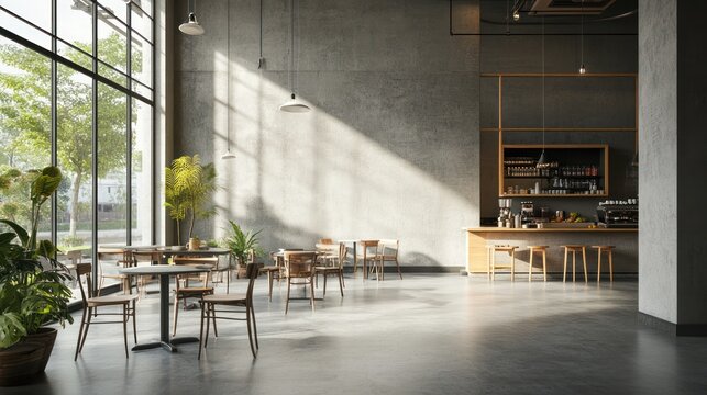 Sunlit cafe interior, city view, concrete walls, wooden furniture, coffee bar