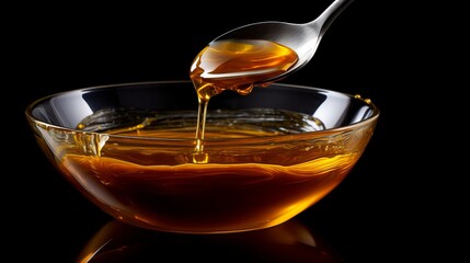 Fototapeta premium Golden syrup glistens as it drips from a spoon into a glass bowl. Generative AI