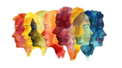 Multiple colored face silhouettes in watercolor style isolated on white background
