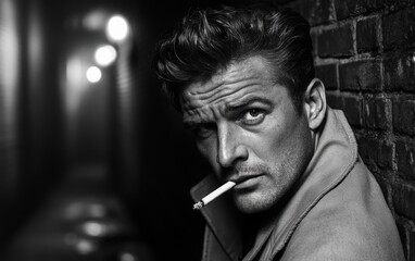 Fototapeta premium Noir-style close-up of a man with a cigarette, leaning against a brick wall, the city dim lights reflecting off his face. 