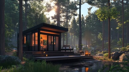 Fototapeta premium Small modern modular house in the forest.