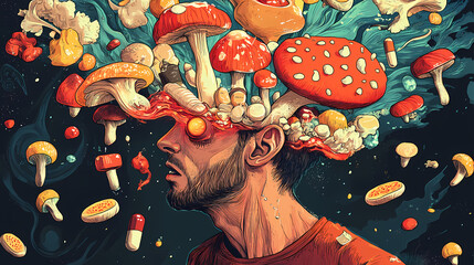 Drug addiction. addict. a man with fly agarics on his head, hallucinating while taking drugs. hallucinogens. the problem of drug addiction in society. Crystalpath. Illustration