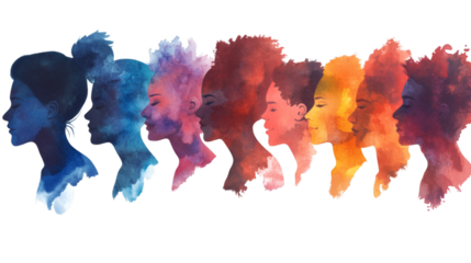 Multiple colored face silhouettes in watercolor style isolated on white background