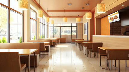Empty fast-food restaurant interior with neat arrangements and modern decor AI Generated