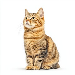 Obraz premium A playful tabby Oregon Rex cat sitting gracefully against a clean white background, showcasing its curious nature and vibrant fur patterns.