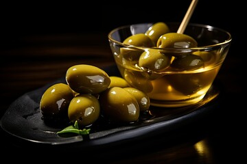 Delicious green olives served in a luxurious setting with olive oil. Generative AI