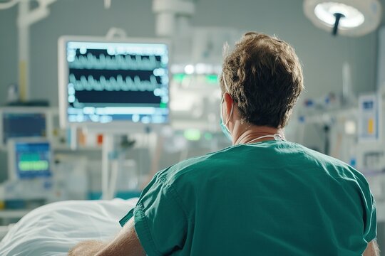 Healthcare professional monitors patient vitals in a critical care unit during a night shift