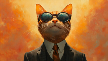 A cat wearing sunglasses and a suit with a tie