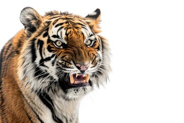 Fototapeta premium High Definition Image of Angry Tiger Showing Its Fangs on a White Background