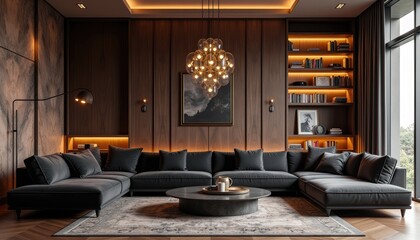 Modern art deco interior japandi living room with a large sectional sofa, a coffee table, and a chandelier with multiple lights.