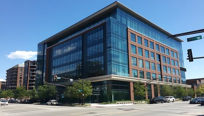 Obraz premium Modern glass office building with urban surroundings and clear blue sky.