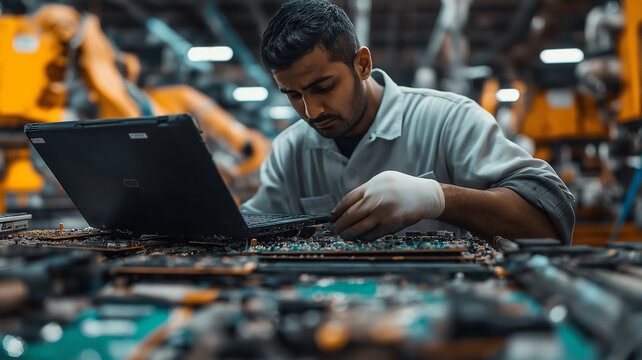 Laptop Recycling. Indian male worker disassembling old laptops at a factory. E-waste recycling and electronic repair industry concept.