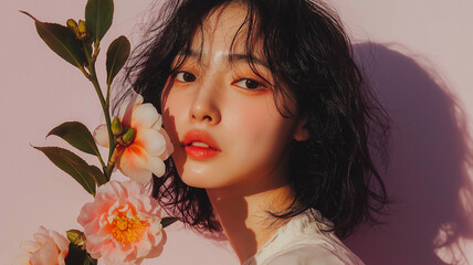 A woman with short hair and a flower in her hand