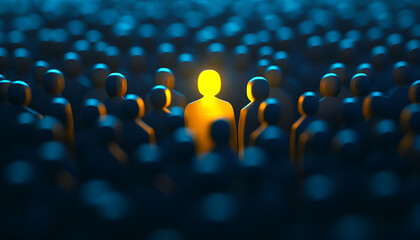 Unique yellow figure standing out in a crowd of blue figures