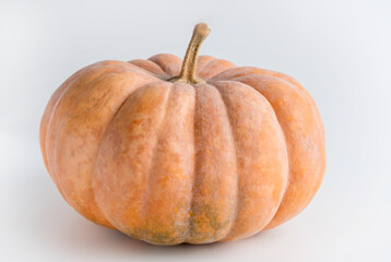 A fresh, orange pumpkin sits against a white background, showcasing its textured skin and distinctive shape, perfect for autumn decorations and recipes.