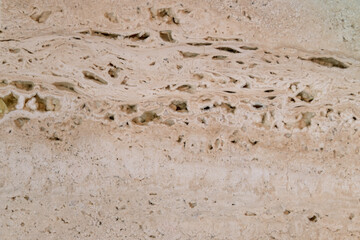 A close-up view of textured rock surface showcasing intricate layers and natural patterns in soft beige tones with subtle variations in texture and color.