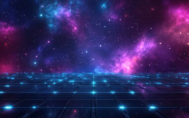 A digital grid stretching into infinity with vibrant hues of purple and blue, glowing nebulae in the distance, and a synthwave 80s style.