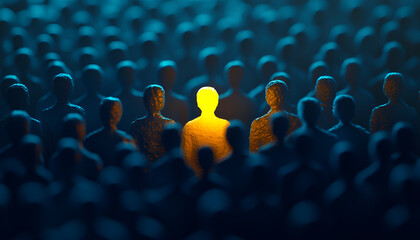 Obraz premium Unique yellow figure standing out in a crowd of blue figures