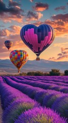 Fototapeta premium Vibrant hot air balloons in the shape of hearts floating over rolling lavender fields during Valentine’s sunrise