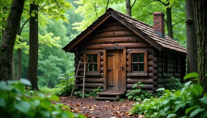 Wooden cabin in forest with rustic wooden door and ladder, nature, outdoors