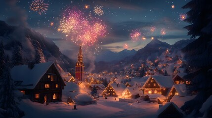 Magical Winter Village with Fireworks