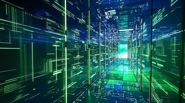 A modern data center illuminated by green neon lights featuring rows of high-tech server racks. Emphasizes themes like technology advancement and cyber security.
