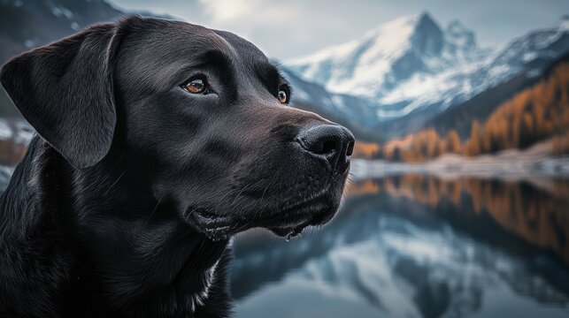 face of a labrador with a reflection of alpine mountains in the background generative ai - Powered by Adobe