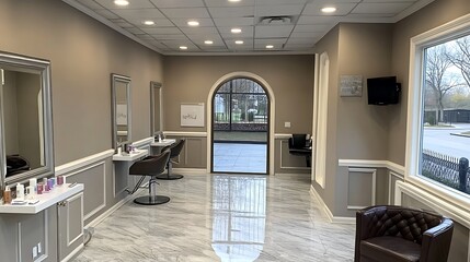Modern salon interior featuring mirrors, seating, and natural light.