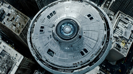 Futuristic flying saucer over cityscape; hovering, urban scene.