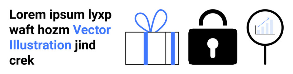 Gift box with ribbon, padlock, magnifying glass with bar chart. Ideal for security, data analysis, rewards, digital marketing, e-commerce online shopping cybersecurity. Landing page