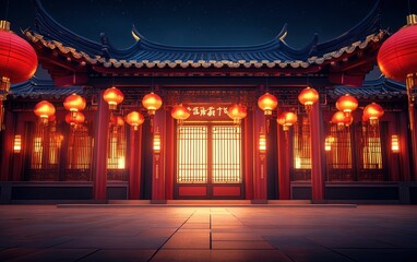 Obraz premium A Chinese-style architecture with red lanterns hanging on the eaves, a night sky background, a wide-angle lens, bright lights, a red color tone, traditional elements in the decoration, and a festive 