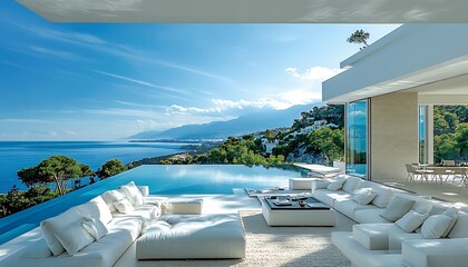 Modern villa with infinity pool overlooking a scenic coastal view.