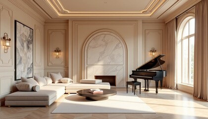 Luxurious art deco interior living room with a grand piano, plush seating, and a marble fireplace.