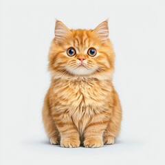 Adorable fluffy orange Selkirk Rex cat with big blue eyes sitting on a light background, exuding cuteness and playfulness.