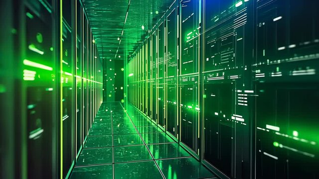 A green-tinted illuminated corridor inside a modern data center showing server racks on both sides, conveying themes of digital growth, security, and technology.