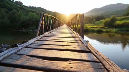 Naklejka premium Rustic bridge sunset valley path crossing