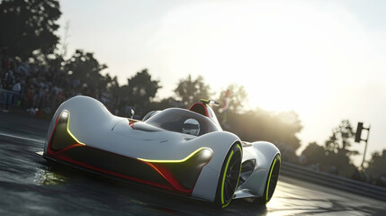 Obraz premium Racecar Victory Champion's sunset finish line, cheering crowd, trackside.