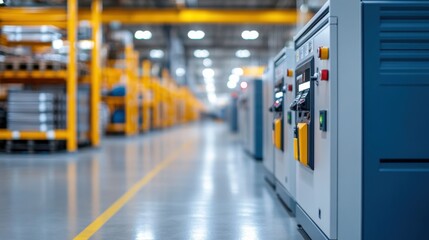 Naklejka premium Industrial Warehouse Interior with Electrical Control Panels and Shelves in Background for Manufacturing Use