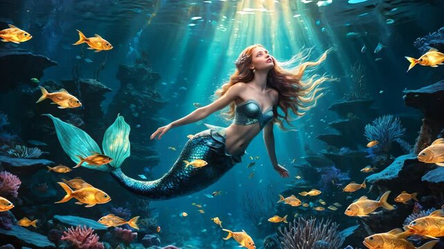 A mermaid is swimming in a sea full of fish. The fish are scattered throughout the water, with some closer to the surface and others deeper down. The scene is peaceful and serene