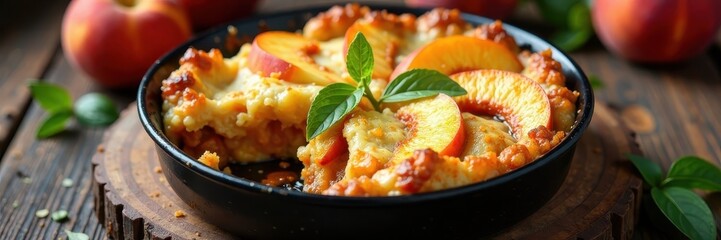 Eggplant and peach cobbler baked in a golden brown crust on a rustic stone table , dessert, cobbler