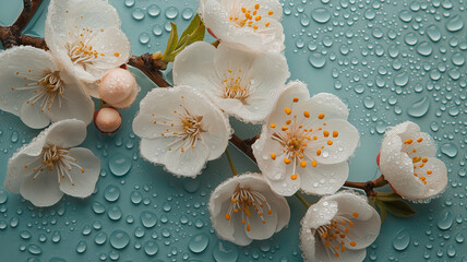A close up of a branch of white flowers with droplets of water on them
